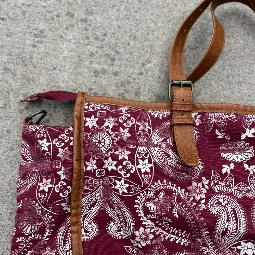 Mossimo Boho Paisley Tote Bag Maroon Canvas Leather Trim XL Shoulder Bag Vintage - Picture 3 of 7